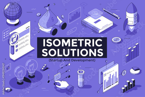 Set of isometric business vector illustration in thin line style. Startup and development concept with analytics tools, rocket launch, money bag and idea lightbulb for professional web design.