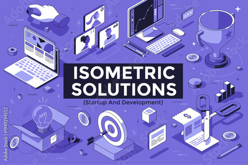 Set of isometric business vector illustration with computer, trophy, target and bulb. Digital startup and software development concept. Thin line icon set for professional office workflow.