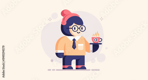 Cheerful person in headphones and glasses serves a steaming cup of coffee