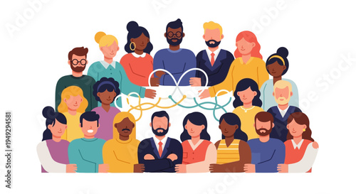 Diverse Team Collaboration & Networking. Multicultural Group Connecting, Communicating & Building Community. Global Teamwork Illustration.