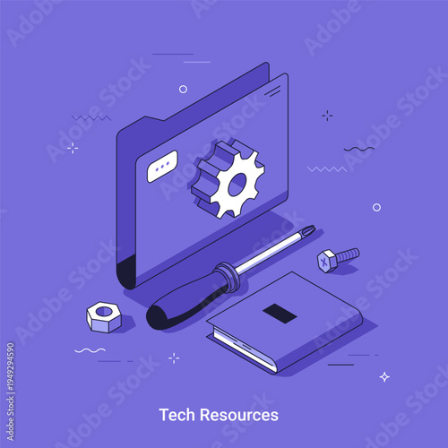 Isometric folder with gear symbol, screwdriver, and book. Digital file management and technical support concept. Vector illustration for business data organization and documentation.
