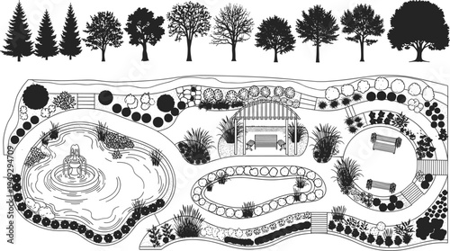 Top View Landscape Garden Plan with Water Fountain Pond and Gazebo Plus Tree Silhouette Set for Architectural Site Design Vector