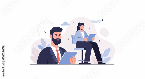 Colleagues collaborate on documents, man and woman work together