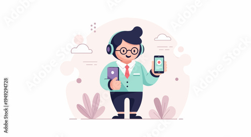 Cheerful person wearing headphones and holding two electronic devices