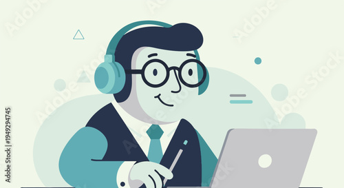 Cheerful person wearing headphones, glasses, and suit, working on a laptop