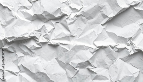 Close-up of crumpled white paper texture, showing deep creases and shadows,  distressed,  minimal