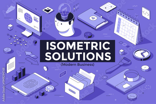 Thin line isometric vector illustration of modern business solution set. 3d conceptual office elements including laptop, calendar, file, bulb, and gear symbol for technology design.