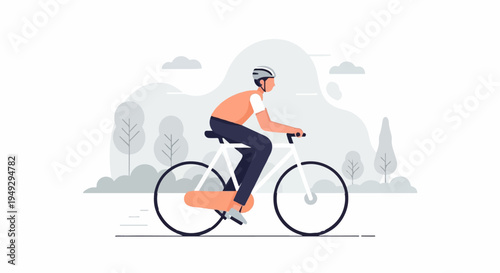 Cyclist in helmet rides bike through abstract park scene