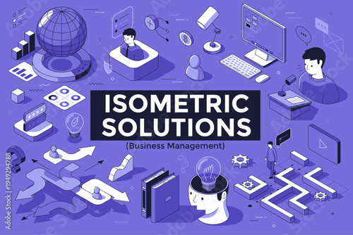 Isometric business management concept with man characters and digital icons. Thin line illustration for office strategy, financial analysis, innovation and global networking technology.