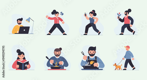 Daily life scenes working, exercising, cooking, gardening, reading, dog walking