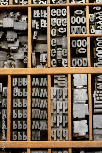 Old printing press letters in wood box