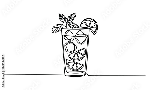 A refreshing continuous line drawing depicts a tall cocktail glass with ice, citrus slices, and mint leaves