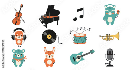 Cartoon musical instruments and animal characters