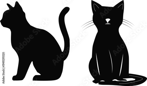 Black Cat Silhouette Set with Sitting and Standing Poses, Domestic Pet Animal Vector Illustration Isolated on White Background