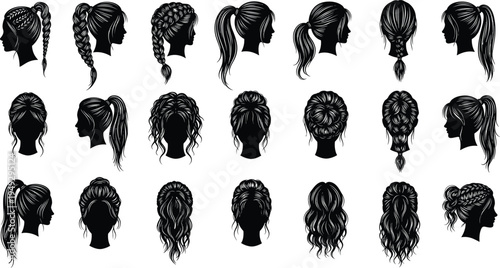 Woman Hairstyle Silhouette Set with Braids Ponytail Bun Curly and Wavy Hair Fashion Beauty Salon Style Icons Collection Vector Illustration Illustration