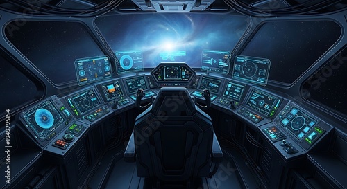 Futuristic Spaceship Cockpit Interior with Advanced Technology and Bright Light.