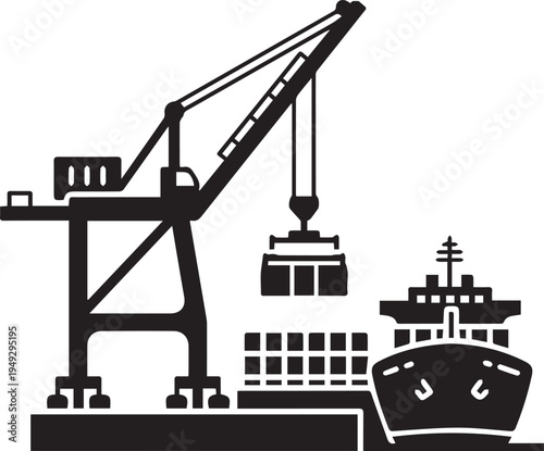 Black vector illustration of a cargo ship being loaded by a crane on a dock