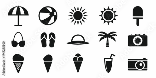 Black silhouette icons depicting various summer vacation and beach elements