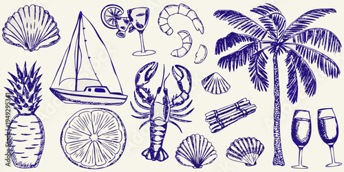 Vintage style illustration of tropical marine life and summer elements