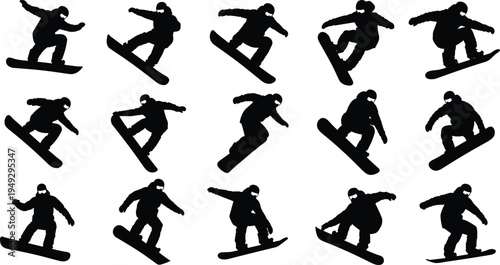 Collection of snowboarder silhouette jumps and tricks, dynamic winter sports action set isolated on white, extreme snowboarding athlete poses for design and stock use