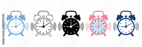 Alarm clock multiple style icon set, modern flat, outline, and minimal designs, time management symbols, vector illustration