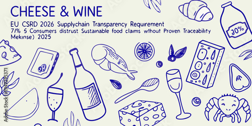 Cheese and wine themed illustration with supply chain transparency text