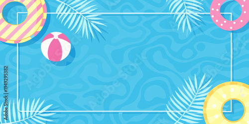 Summer themed background with beach balls rings and tropical leaves