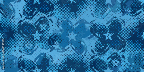 Abstract blue camouflage pattern with mottled and speckled textures
