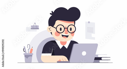 Cheerful person with glasses working on a laptop, with books and stationery
