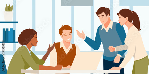 A group of young professionals collaborating in a modern office setting