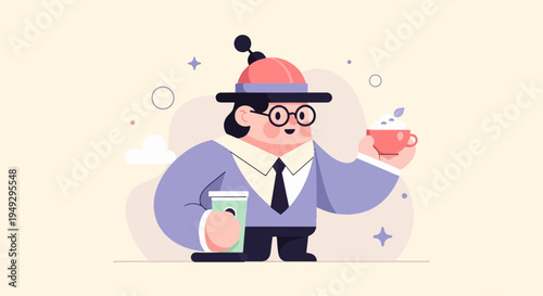 Cheerful person with hat, glasses, suit, holding two drinks