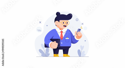 Cartoon professional holding device and folder, looking at phone