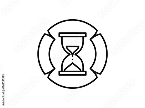 Hourglass symbol inside a circular arrow graphic representing time flow.
