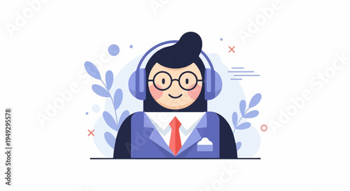 Cheerful person with headphones and a tie, depicted in a simple, stylized illustration
