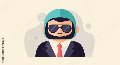 Cartoon portrait of a person wearing a helmet and sunglasses