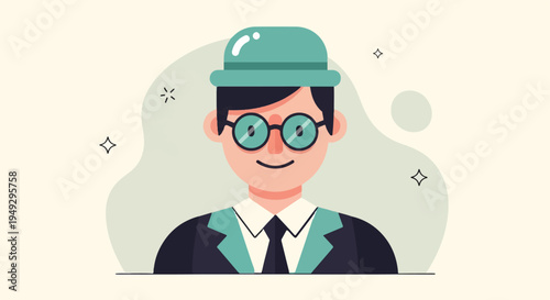Cheerful man in a hat and glasses, business attire, minimalist