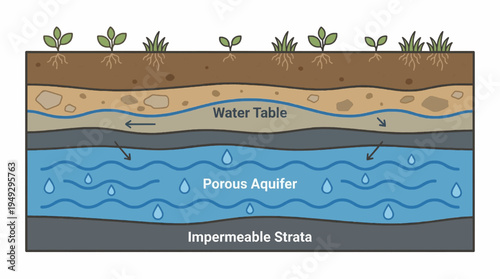 Underground Aquifer and Water Table Geological Cross Section