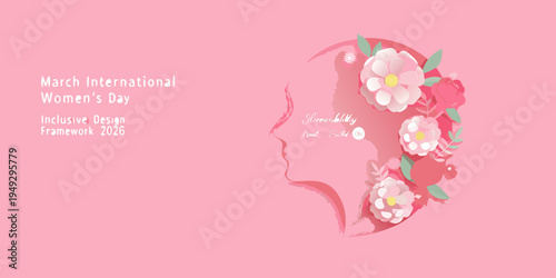 International women s day illustration with floral design and a woman s profile