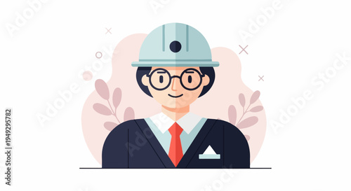 Cartoon portrait of a person wearing a hard hat and glasses