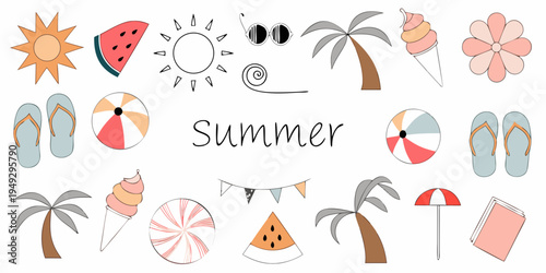 A playful summer illustration featuring colorful icons and tropical elements