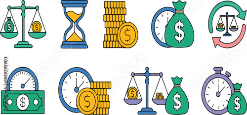 Balance scales illustrating time and money concept with cyclical arrows indicators representing productivity efficiency and business management vector illustration