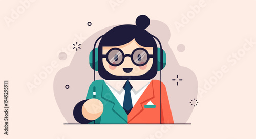 Cartoon person with headphones and two-tone suit, holding a stylus