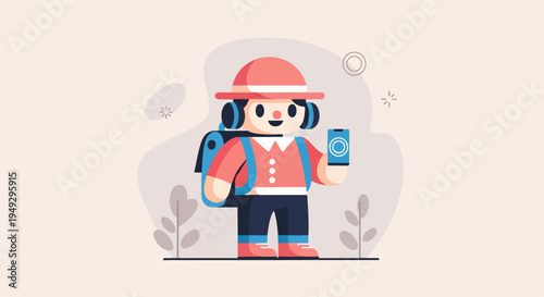 Cheerful character in a hat and headphones with a backpack and phone
