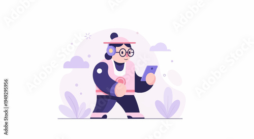 Cheerful person with headphones and phone walks past stylized plants