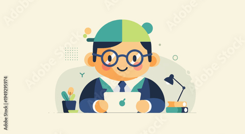 Cheerful character in a suit and cap with glasses holds a laptop