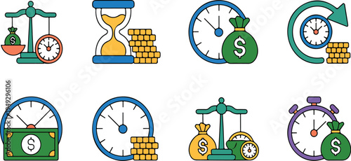 Balance scales illustrating time and money concept with cyclical arrows indicators representing productivity efficiency and business management vector illustration