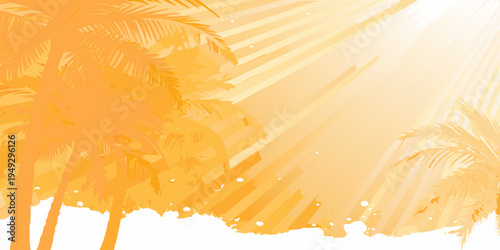 Tropical palms silhouetted against a vibrant orange and yellow sunset