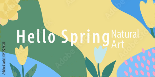 A colorful illustration announces the arrival of springtime with floral motifs