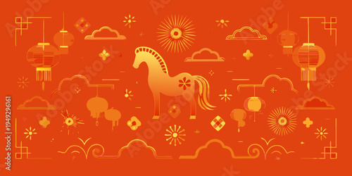 Golden horse illustration with traditional chinese new year decorations
