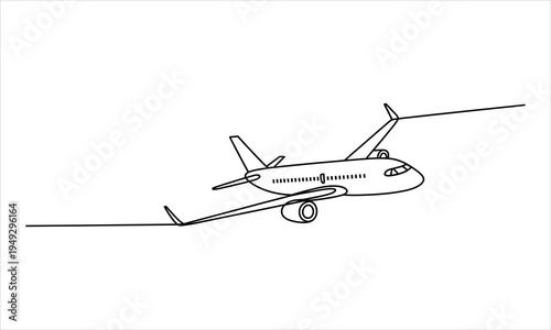 An airplane depicted in a continuous line drawing style soaring upwards on a clean white space